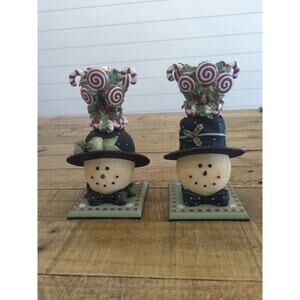 Pair Heather Hykes Plum Pudding Snowman Peppermint Candle Holder 8”